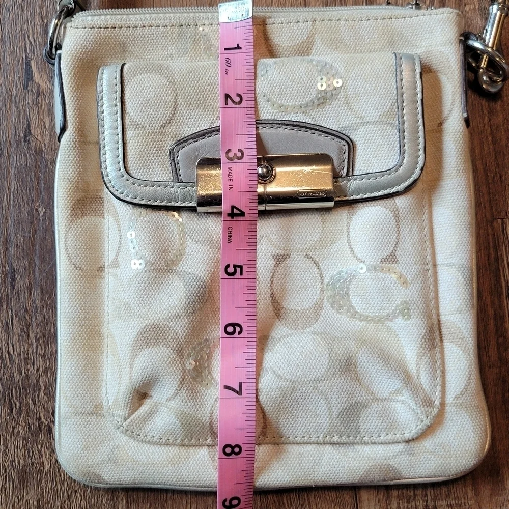 Coach Signature Cream Tan Sequin Crossbody Purse